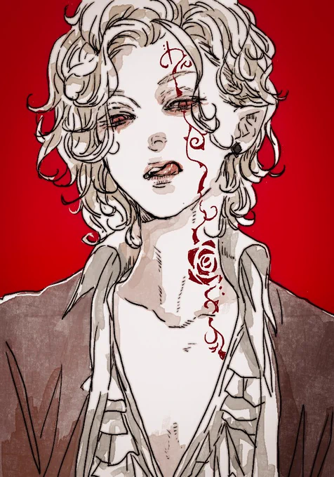 #自創作男子イラストフェス01金髪巻き毛の赤眼吸血鬼と、片目が潰れたアジア系ツーブロックでいろんな髪型のイラスト描いてます② 