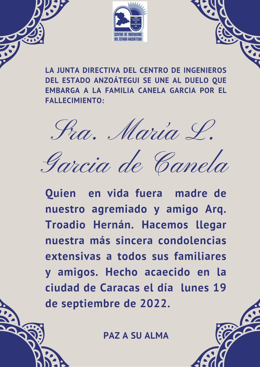 cianz's tweet photo. La Junta Directiva del Centro de ingenieros del Estado Anzoátegui se une al duelo que embarga a la familia CANELA GARCIA ... https://t.co/GO5Yzdnb8J