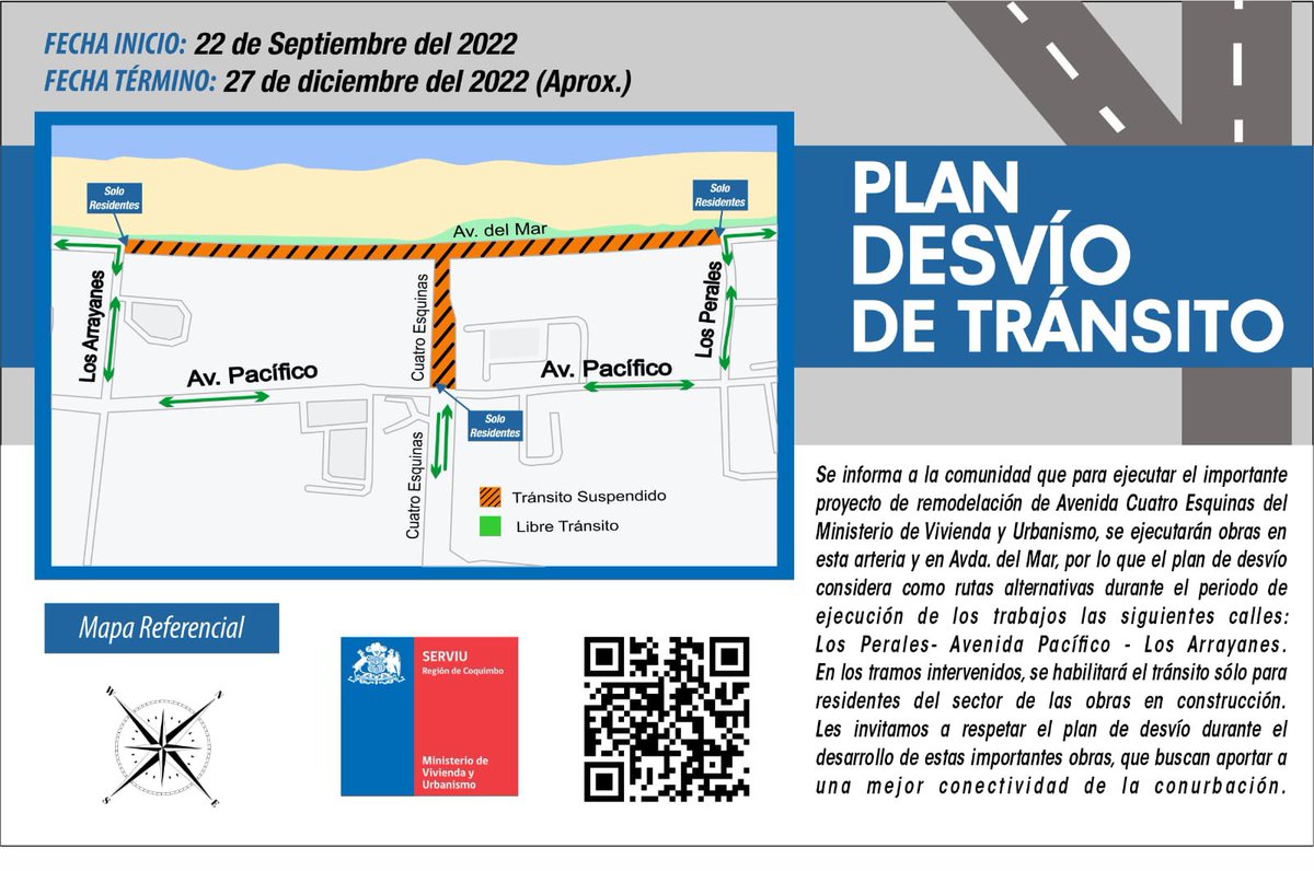 minvucoquimbo's tweet photo. 🚨 ATENCIÓN #LaSerena #Coquimbo 📣

Este 🗓jueves 22 de septiembre comienza implementación de Plan de Desvío de Tránsito 🚧🏗 por la construcción de Avenida 4 Esquinas. 

✅Considera rutas alternativas por Los Arrayanes, Av Pacífico y Los Perales (Av del Mar tránsito suspendido) https://t.co/uj5qAomfLw
