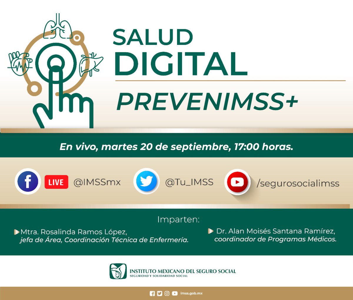 Tu_IMSS's tweet photo. Conéctate a las 17:00 horas a la Clínica #SaludDigital para todas y todos en el que hablaremos sobre "#PREVENIMSS+" y las ventajas de este programa para la salud de la población.

Te esperamos en nuestras redes sociales. https://t.co/XOSb90cxBu