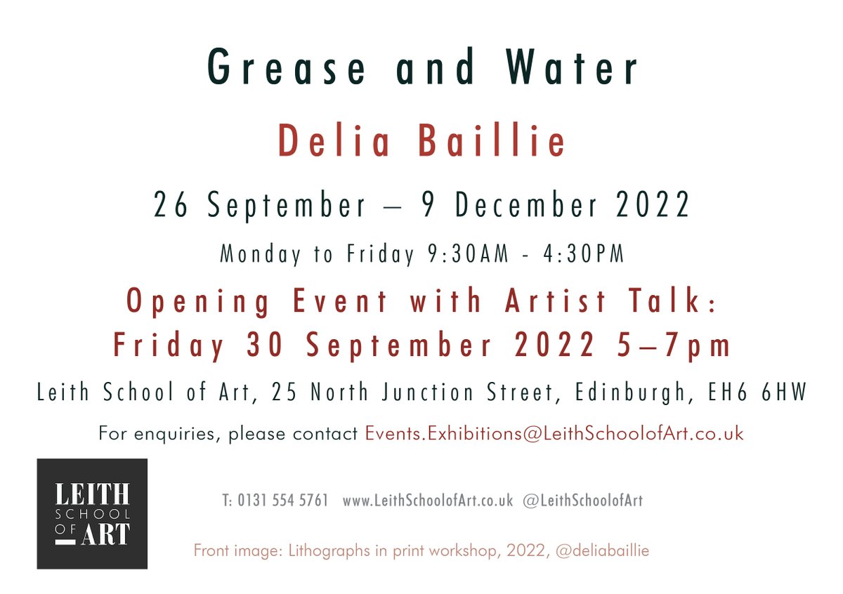 We are excited to annouce our next #exhibition of prints: 'Grease and Water' by Delia Baillie. 
We'd like to warmly invite you to join our Opening Event &amp; Artist Talk next Fri 30 Sep, 5-7pm at 25 North Junction St, in #Leith, #Edinburgh. 
Free. Refreshments provided. All welcome!