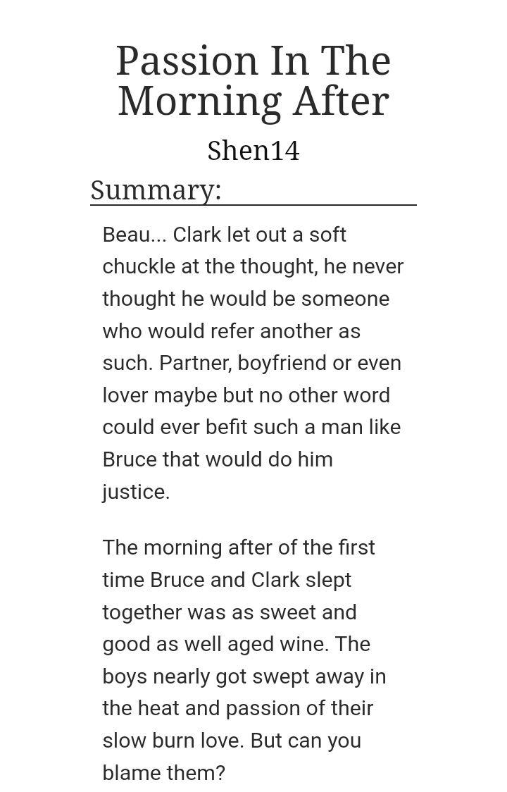 shentanheng's tweet photo. Passion In The Morning After Shen14
Hi guys! I finally wrote a fic!!!
Ok so I promised myself I wanted to finally contribute to the fandom. And I finally did it! Yay
#batsupes #bottomclarkkent #bottomclark #fanfiction #BruceWayne #clarkkent  

https://t.co/plAJLjH4gw via @ao3org https://t.co/aHXWdwEUsT