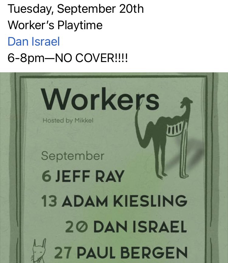 331club's tweet photo. Tuesday, September 20th
Worker’s Playtime
Dan Israel
6-8pm—NO COVER!!!!
@DanIsraelMusic
#331club #northeastminneapolis #northeastmpls #minneapolis #mpls #minnesota #mn #minneapolismusic https://t.co/zbKzlzG0gx