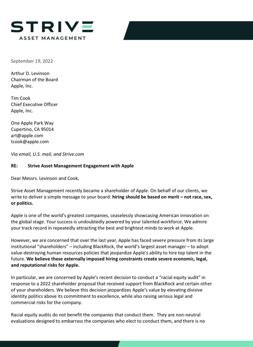 VivekGRamaswamy's tweet photo. Our shareholder mandate to Apple: Hiring should be based on merit. Not race, sex, or politics. https://t.co/pq4XEnmxLL