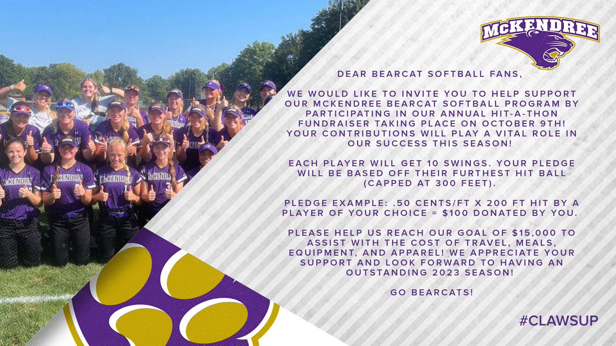 McKendreeSB's tweet photo. Bearcat Softball friends and family, we are excited to announce our 
Hit-A-Thon fundraiser is live and will take place Oct 9! Visit the link for more information and make a pledge or flat donation to a player of your choice! #ClawsUp 

https://t.co/JLHzgShFY6 https://t.co/jSn5LM4ufX