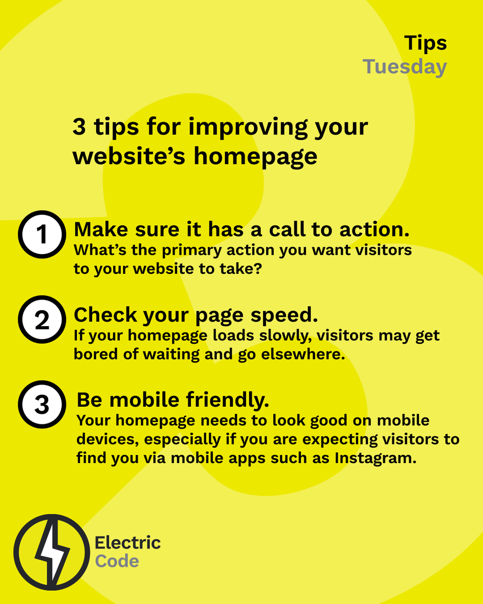 bamboo_folk's tweet photo. TIPS TUESDAY
===========

3 tips for improving your website’s homepage:

1. Make sure it has a call to action.
2. Check your page speed.
3. Be mobile friendly.

Check the link in our bio to find out how we can help you achieve the perfect website homepage. https://t.co/wA64XdxEc7
