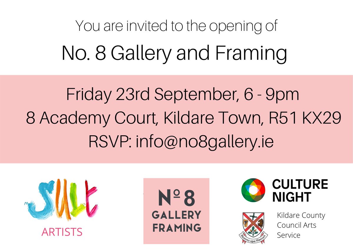 Join us this Culture Night, Friday 23rd September, for the opening of No. 8 Gallery and Framing #kildaretown #kildare #artgallery #culturenight <a href="/CultureNight/">Culture Night</a> <a href="/ArtsInCoKildare/">Kildare Arts Service</a>