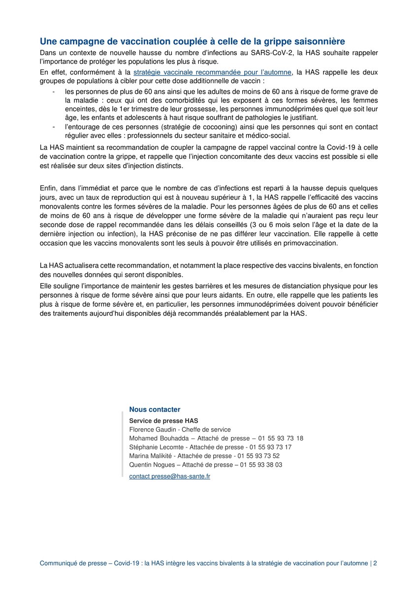 Haute Autorité de santé (@has_sante) on Twitter photo #Communiqué | #Covid19 La HAS intègre les vaccins bivalents adaptés aux variants d’Omicron validés récemment par l’<a href="/EMA_News/">EU Medicines Agency</a> dans la stratégie de vaccination pour l’automne.
👉 has-sante.fr/jcms/p_3368002… #Communiqué | #Covid19 La HAS intègre les vaccins bivalents adaptés aux variants d’Omicron validés récemment par l’<a href="/EMA_News/">EU Medicines Agency</a> dans la stratégie de vaccination pour l’automne.
👉 has-sante.fr/jcms/p_3368002…