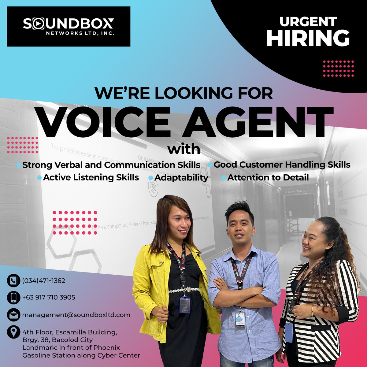 Soundboxnetwor1's tweet photo. Hi everyone!
You can send your CV to the email below for interested applicants who can start asap.
Email add: management@soundboxltd.com
Office  address:  
4th Floor, Escamilla Building,
Brgy. 38, Bacolod City
Landmark:
in front of Phoenix Gasoline Station 
along Cyber Center https://t.co/5k9jRy7gF2