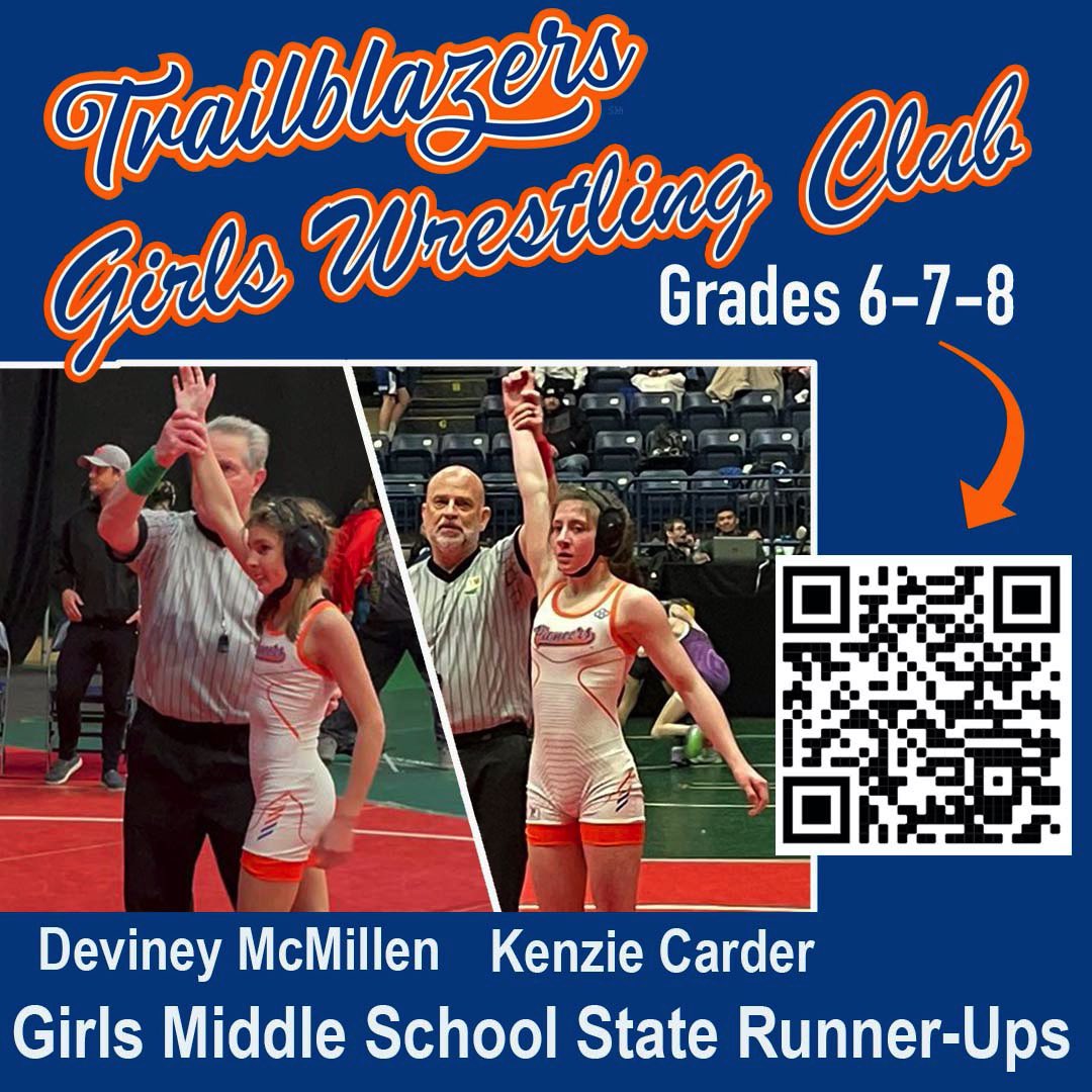 Trailblazer Girls Middle School team is open to 6-8 grade girls at OOMS, Berkshire or Shanahan MS. Link QR code or sign up at orangewrestling.com.  Beginner or experienced…all are welcome! @OOMSathletics <a href="/Sentinels_pin/">Olentangy Berkshire Wrestling</a> <a href="/OswaltVanessa/">Vanessa Oswalt</a> #FightForOhio.
