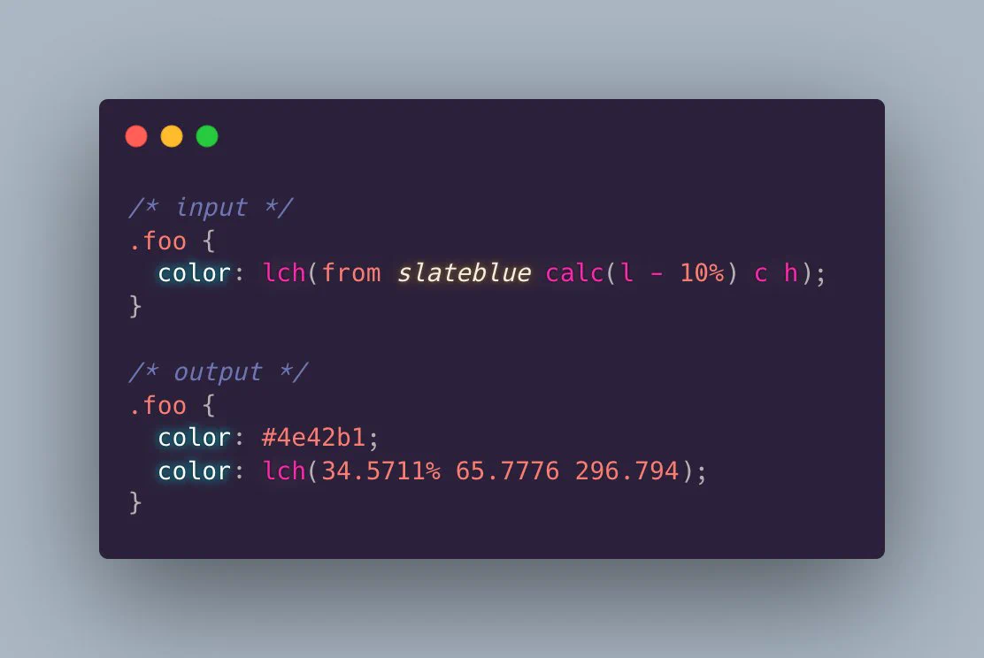 An input lch color, adjusting slateblue by darkening it 10%. Output shows a hex color, and calculated lch value.