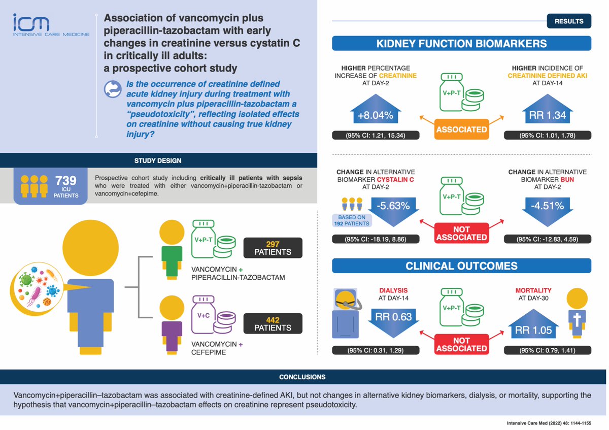 💉 Vancomycin + pip–tazo associated with ⬆️risk of creatinine-defined #AKI in critically ill: pseudotoxicity?? No changes in alternative kidney function biomarkers, nor downstream clinical outcomes associated with true AKI. 
#FOAMcc
📎 rdcu.be/cRLAi
⬇️ Visual Abstract