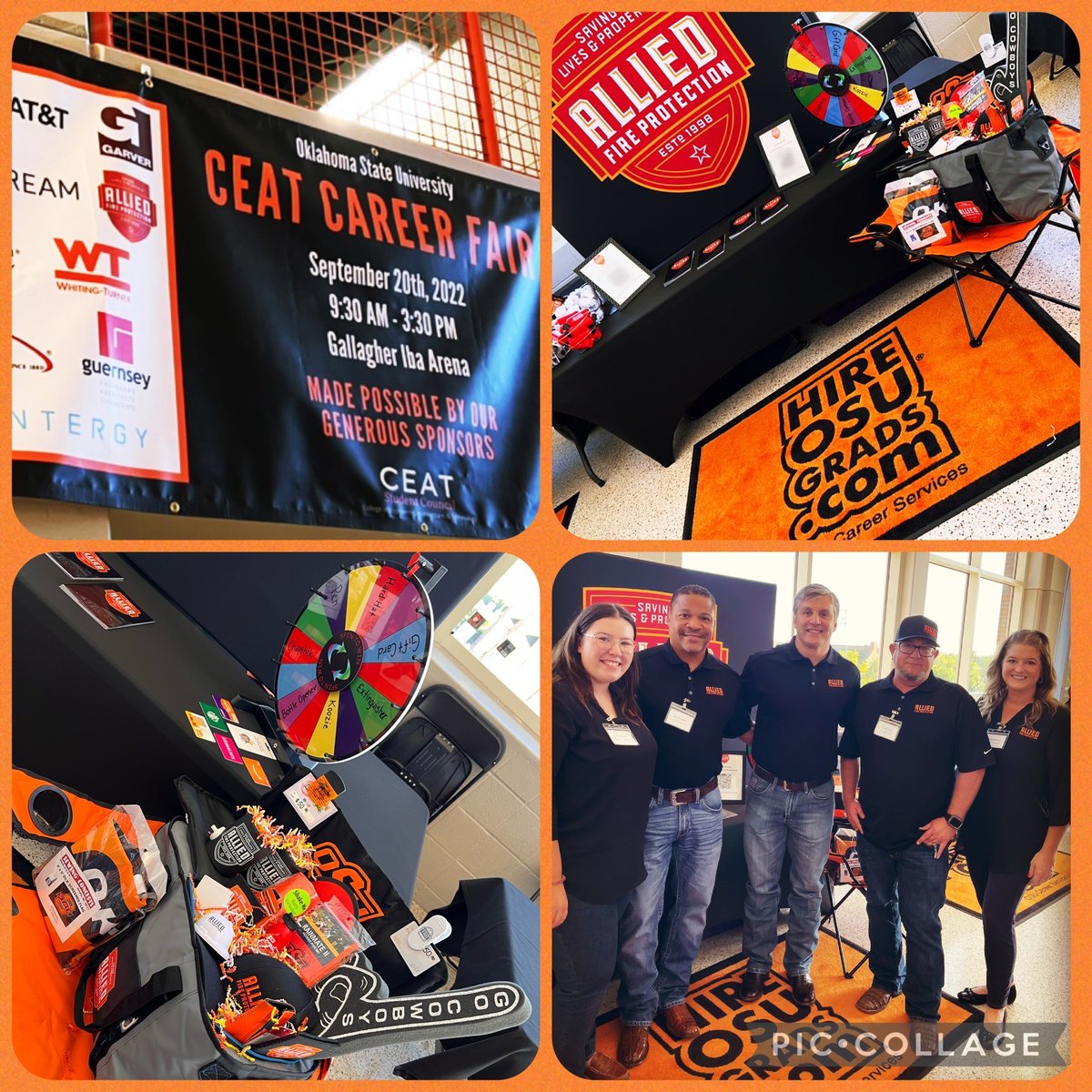 AlliedFirePro's tweet photo. We are excited to have team members on campus at #OklahomaStateUniversity for the #CEATCareerFair! Looking forward to meeting students interested in internship and career opportunities in the construction, service and life safety industry! #BoothN41 #GoPokes #GallagherIbaArena https://t.co/dk4h6Kmo1j