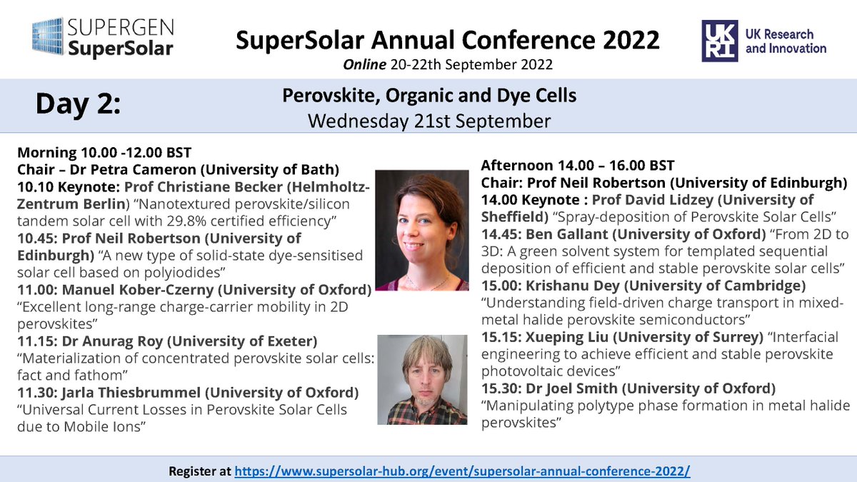 SuperSolarHub's tweet photo. Tomorrow (Wednesday) is day 2⃣ of the 2022 SuperSolar Conference 
☀️With international speakers on Perovskites, Organic and Dye cells

Morning Session: 10.00-12.00 BST 
Afternoon Session 14.00-16.00 BST

Interested? Register here: https://t.co/UpboHQp3C7 https://t.co/hQDczFNhY4