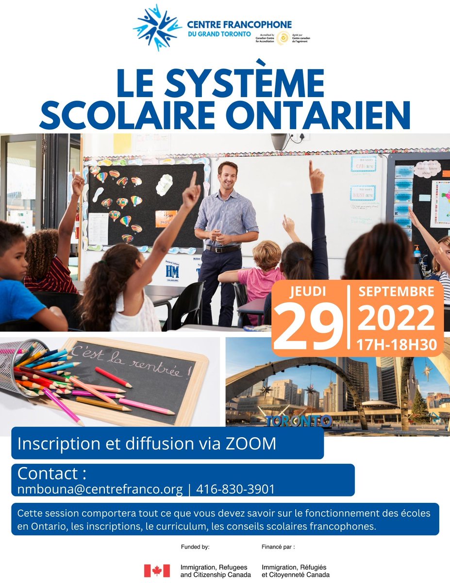 Les services des nouveaux arrivants (SNA) par l’intermédiaire du programme d’intégration dans les écoles francophones (PIDEF) organise un atelier en virtuel sur le système scolaire Ontarien. <a href="/CentrefrancoT/">Centre francophone du Grand Toronto | CFGT</a> 
29 septembre de 17h00 à 18h30
Inscrivez vous : centrefranco-org.zoom.us/meeting/regist…