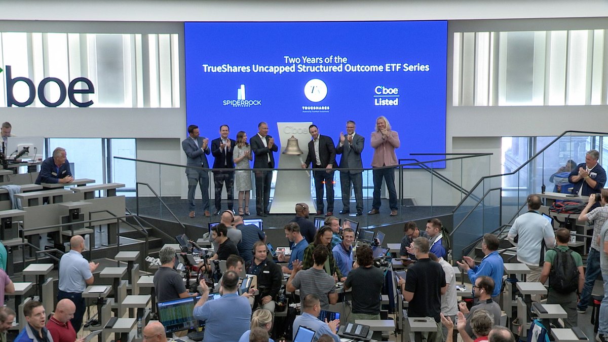 TrueShares celebrated two years of the Uncapped Structured Outcome ETF Series at @CBOE's closing bell. <a href="/mnloukas/">Michael Loukas</a> rang the bell, and we were joined by our partners at @CBOE and <a href="/SpiderRockChi/">SpiderRock</a>. Thank you to everyone who joined us in celebration!