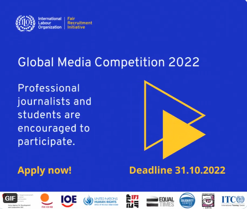 UNGeneva's tweet photo. 📢 Professional &amp; student journalists are invited to submit their best media stories on labour migration &amp; fair recruitment.

2022 Global Media Competition on Labour Migration is open: 
📝 https://t.co/ShXzXuCAPM
📆 Deadline 31 Oct

#MigrationNarratives #Media4HumanRights
v @ilo https://t.co/yUv2w2Ir78