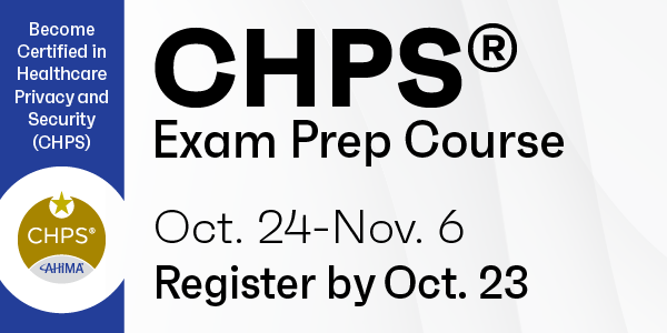 AHIMAResources's tweet photo. If you plan to take the CHPS Exam, we encourage you to join the CHPS® Exam Prep Course which runs Oct. 24-Nov. 6. Becoming Certified in Healthcare Privacy and Security is a career milestone – start your journey today. 

Learn More: https://t.co/HhLeUFuTVb https://t.co/NHDto0LvMW