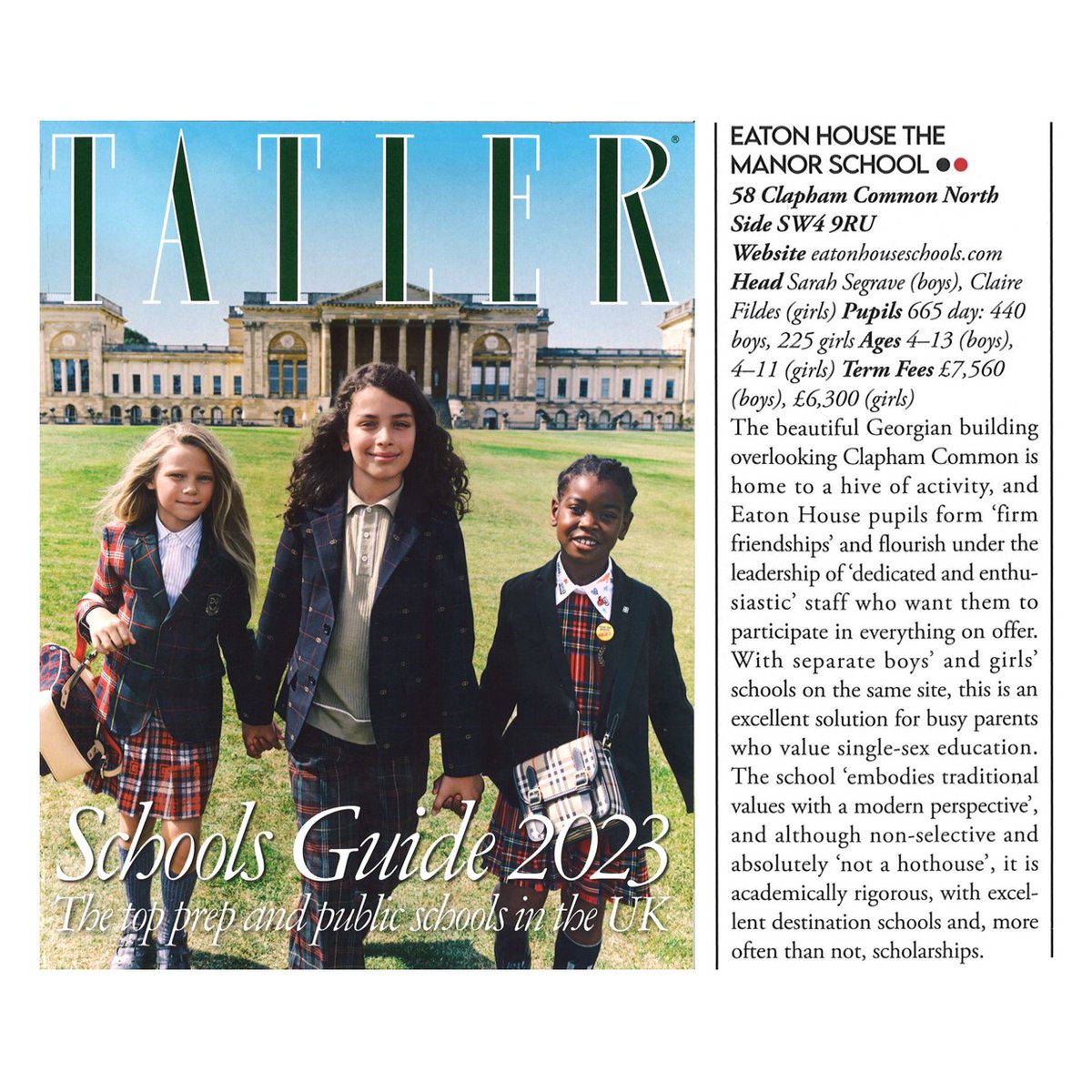 We are delighted to feature in <a href="/SchoolsTatler/">Tatler Schools Guide</a> 2023 Schools Guide! Find their review of Eaton House The Manor in their ‘London Prep’ section, where we are proud to be called ‘an excellent solution for busy parents who value single-sex education’. 
#independentschool #tatler