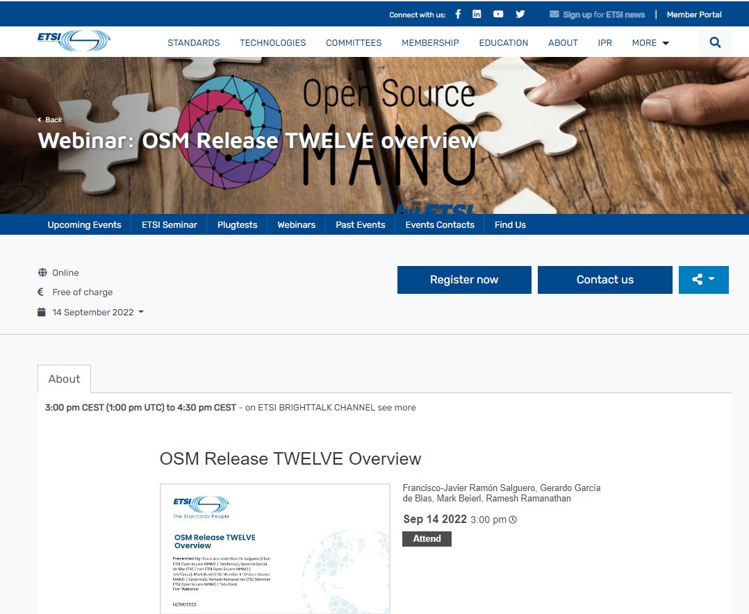 Missed the ETSI #OSM Release TWELVE Webinar?? No worries!! Watch online the release overview + live demos featuring network service update, auto-scaling and auto-healing 
etsi.org/events/2100-20…
#NFV #5G #OpenSource #CloudNative #orchestration #serviceassurance #scaling #healing