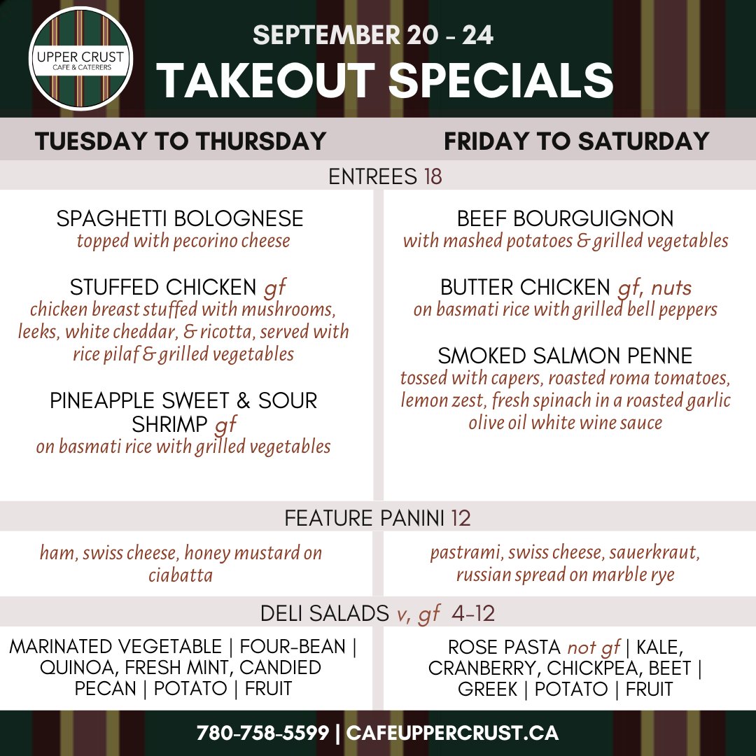 UpperCrustYEG's tweet photo. From comfort food classics to fresh salad favourites, our takeout specials this week will brighten anyone's day! See you in the restaurant!
#yegfood #yegtakeout #yegrestaurants #yegeats https://t.co/qIR2V1jrzs
