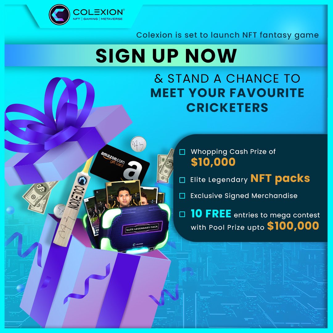 A brand new NFT Fantasy game by @colexionNFT to launch soon! So sign-up &amp; get a chance to meet me! You can also win my elite NFT packs &amp; signed merchandise along with other exciting rewards! So why wait?
 
Sign-up here: signup.colexion.io
 
#IndiaKaNayaGame #Colexion #NFT