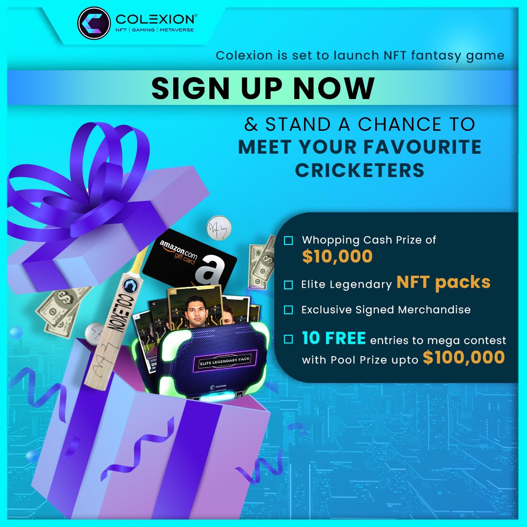 A brand new NFT Fantasy game by @colexionNFT to launch soon! So sign-up & get a chance to meet me! You can also win my elite NFT packs & signed merchandise along with other exciting rewards! So why wait?   Sign-up here: signup.colexion.io   #IndiaKaNayaGame #Colexion #NFT