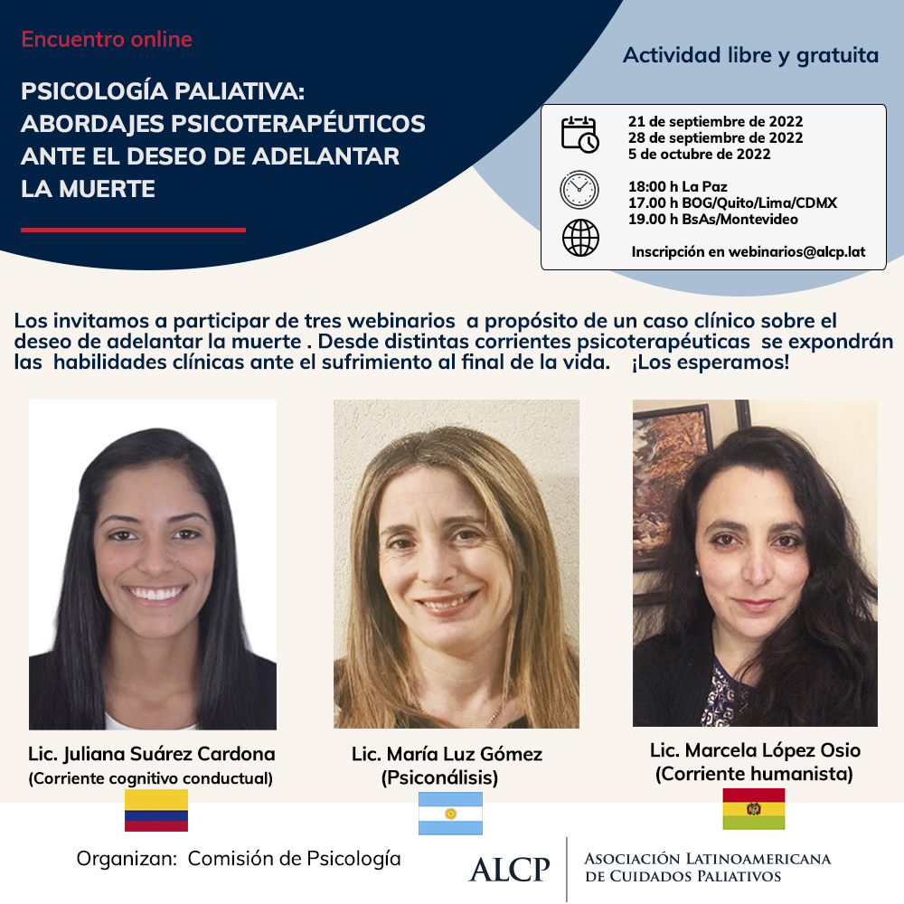 Mañana 21 de septiembre, primer webinario del ciclo "Psicología Paliativa: Abordajes psicoterapuéuticos ante el deseo de adelantar la muerte". No te lo pierdas. Regístrate aquí bit.ly/3xmK2Xk