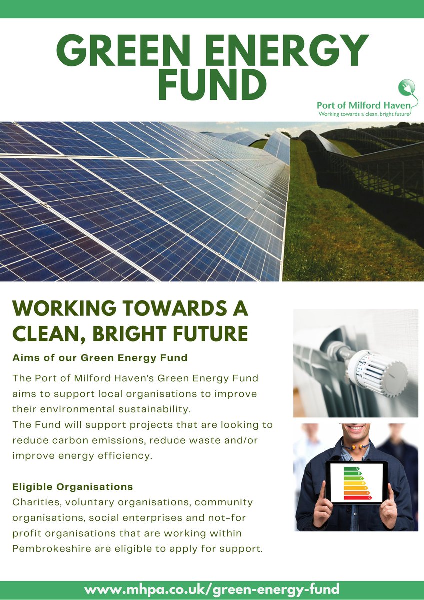 mh_port's tweet photo. The next deadline to apply to our Green Energy Fund is this Friday. If you're involved in a charity or community group in Pembrokeshire that's looking to improve its green credentials visit our website to find out more: https://t.co/Y3dGlNcUps #sustainability https://t.co/OgokQebcwg