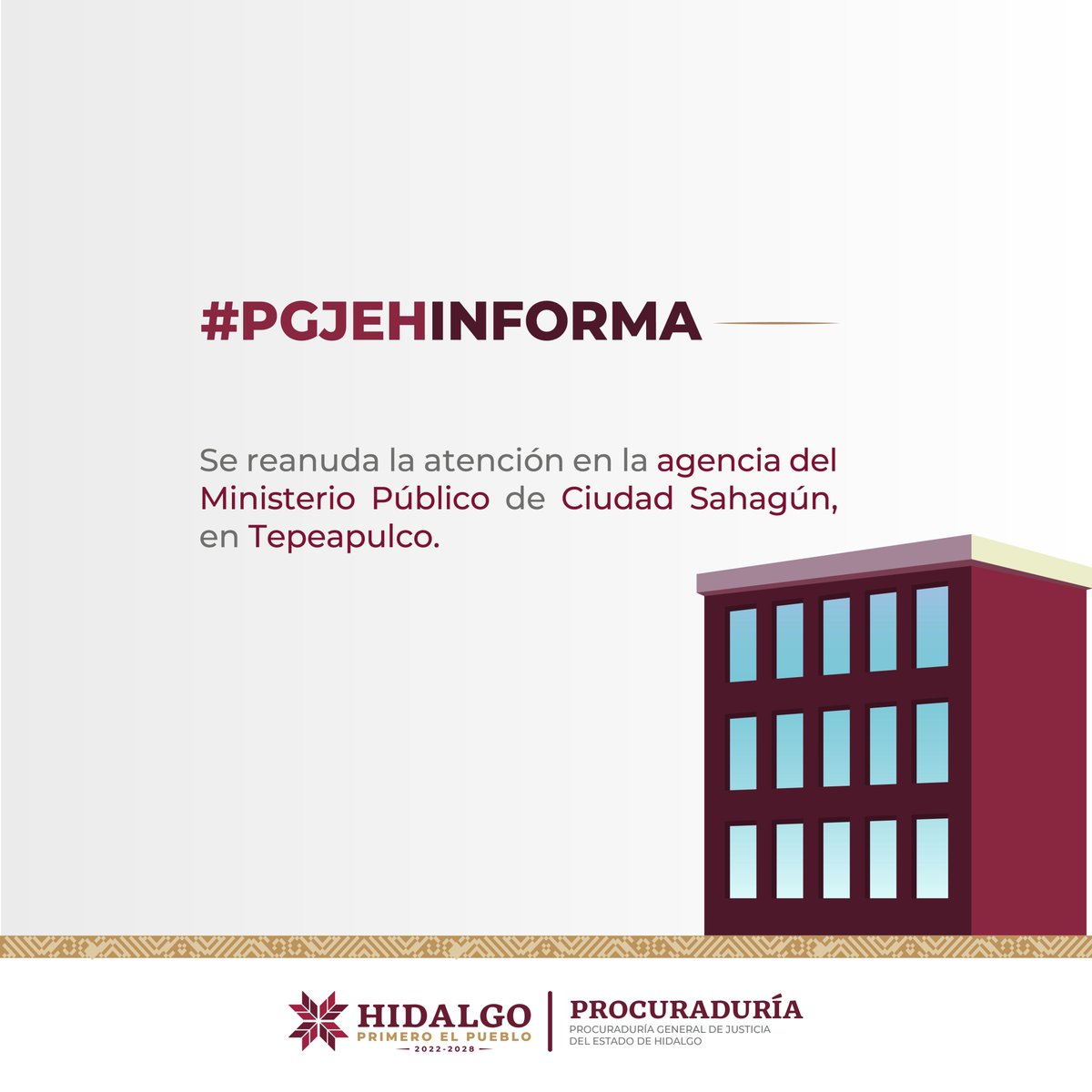 PGJE_Hidalgo's tweet photo. 📢¡Aviso importante!
La #PGJEHInforma, la agencia del #MP de #CiudadSahagún, en Tepeapulco, reanuda hoy la atención a la población.
Informes
📱#PROCURATEL 800 912 1314 https://t.co/tpPPeCpV8k