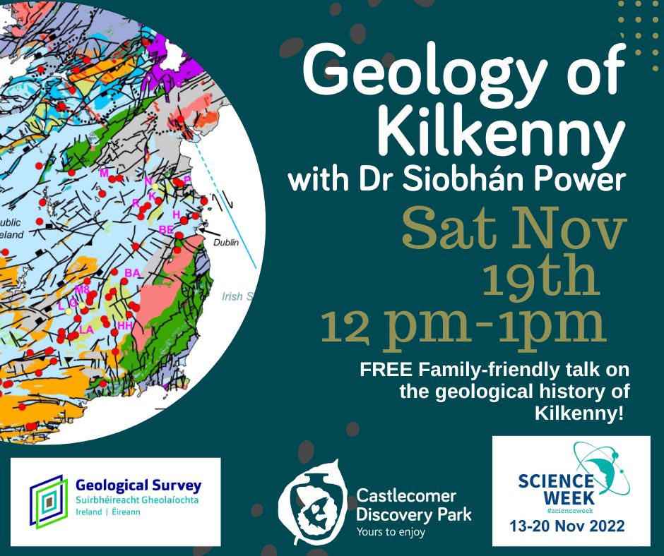 C_DiscoveryPark's tweet photo. We're excited to announce that as part of #ScienceWeek we'll be having a family-friendly talk on the Geology of Kilkenny with Dr Siobhรกn Power from the Geological Survey of Ireland! FREE event for anyone who loves science, young & old! #socialenterprise #scienceireland https://t.co/4gzOugcFgc