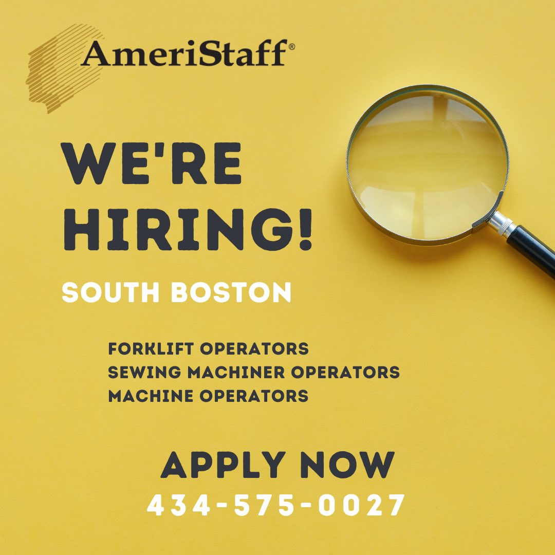AmeriStaff's tweet photo. Calling all Forklift Operators, Sewing Machine Operators, and Machine Operators! We’re hiring at our South Boston location. Give us a call at 434-575-0027. #applytoday #nowhiring #jobs #AmeriStaff https://t.co/3tbAL5LwXp