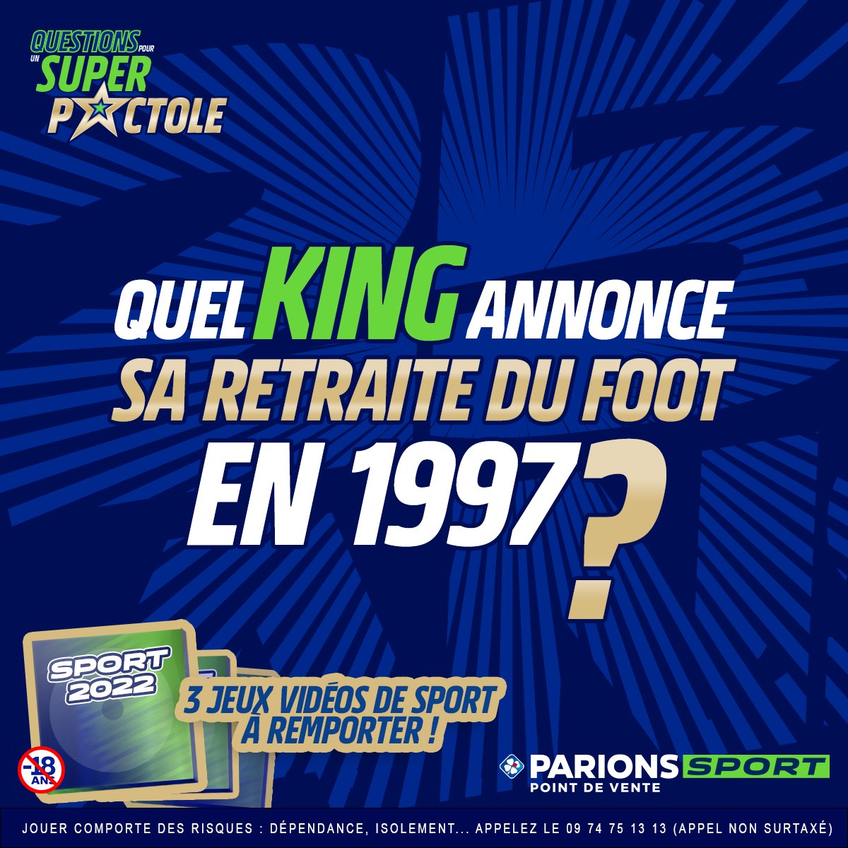 ParionsSport's tweet photo. Le Super Pactole augmente grâce à vos participations, et ce n'est que le début ! 🔥

La 2ème question pour 3 jeux vidéos sport: Quel King a pris sa retraite du foot en 1997 ? 

Pour jouer : 
1️⃣ RT+Follow @ParionsSport 
2️⃣ Réponds à la question avec le #QuestionsPourUnSuperPactole https://t.co/hXGkQZERmx