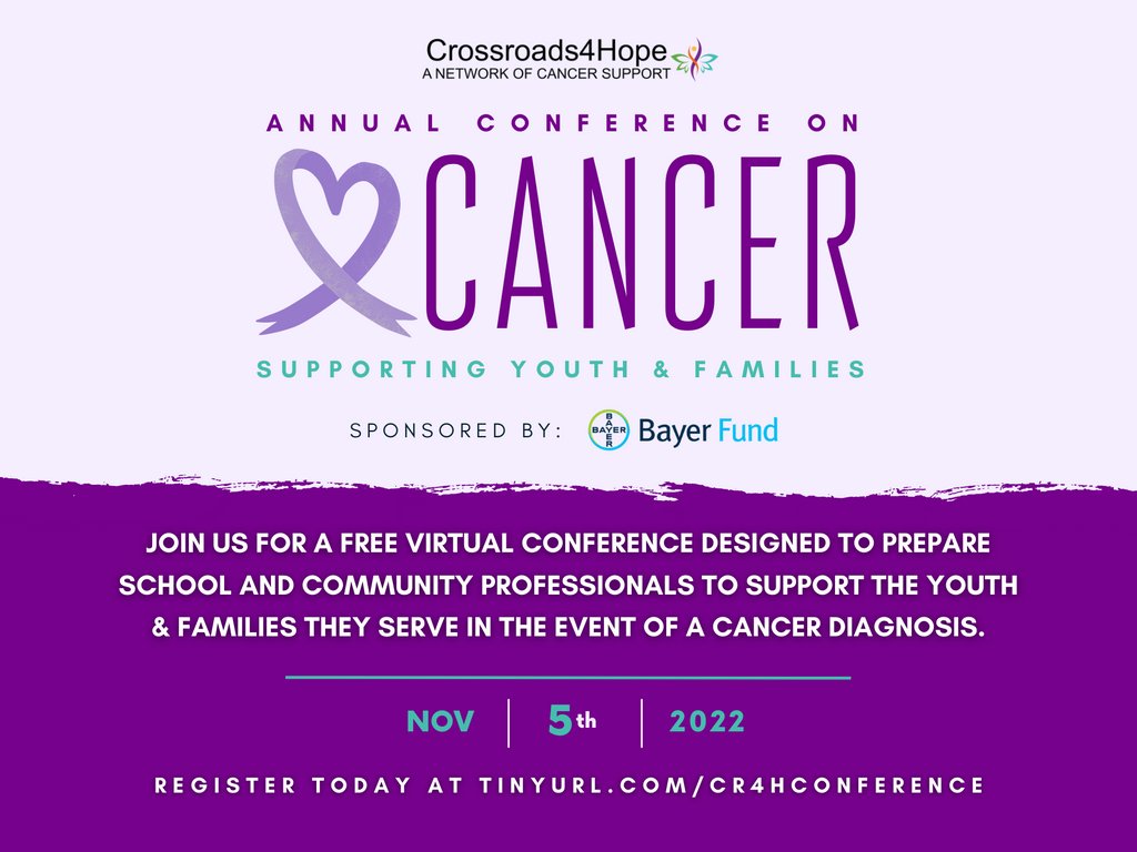 Join us on Saturday, November 5th for a FREE virtual conference designed to prepare school and community professionals with the resources needed to support the youth and families they serve in the event of a cancer diagnosis. ⁠
⁠
Register today at tinyurl.com/CR4HConference.
⁠