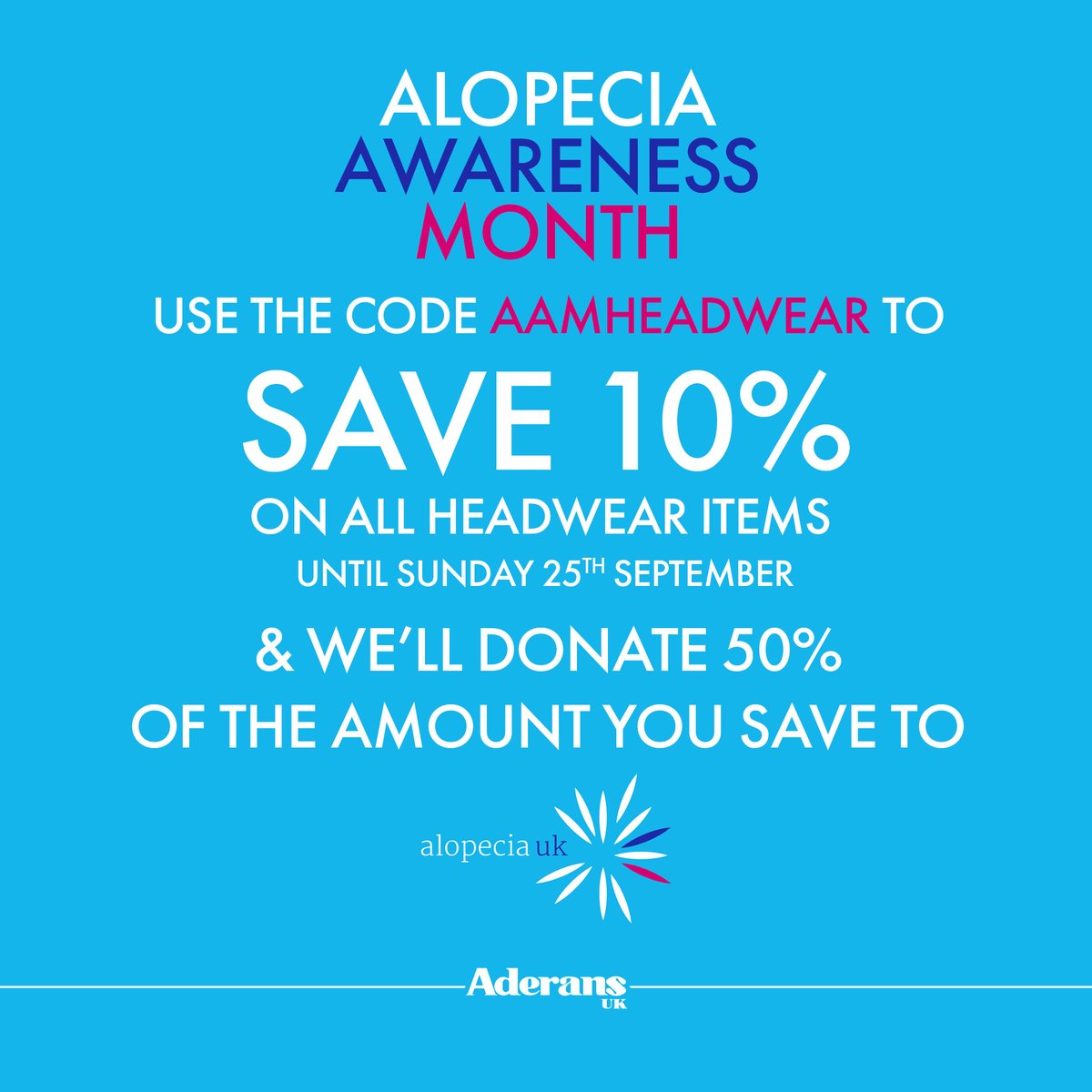TrendcoWigs's tweet photo. We're back with our next offer for #AlopeciaAwarenessMonth! Shop online this week and save 10% on all headwear and turbans, including those on sale! To top that, Aderans will donate 50% of the amount you save to @Alopecia_uk, so you can spend, save and donate all in one go! https://t.co/4N74Z8emqi