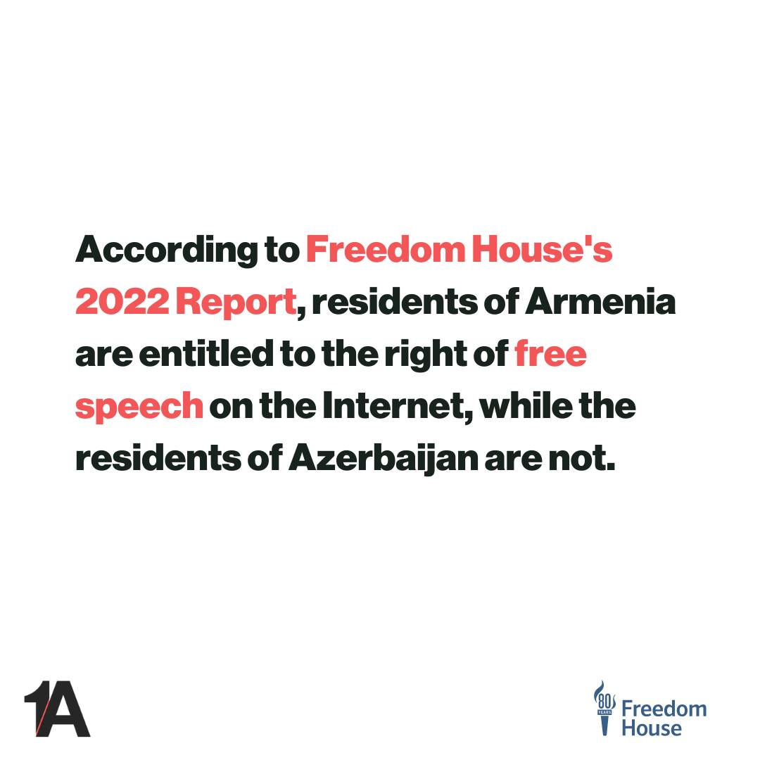 ONEArmenia's tweet photo. In the war of cultural and political values between Armenia and Azerbaijan, the facts speak for themselves. In the Freedom House’s 2022 Report on Internet Freedom, Azerbaijan scored just 35 out of 100. Armenia’s score? A strong 75. https://t.co/gUvU5orPob https://t.co/vOEwwd01K0