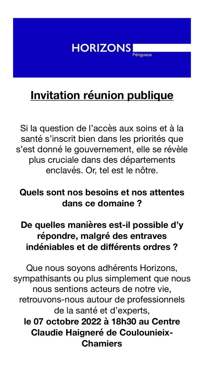 🔵⚪️ 
Retrouvons-nous autour de professionnels de la santé et d’experts, le 7 octobre à 18h30 au Centre Claudie Haigneré de Coulounieix- Chamiers.