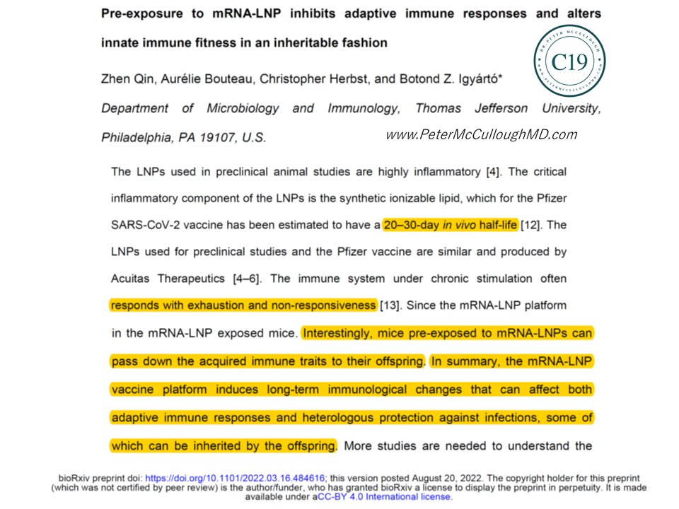 P_McCulloughMD's tweet photo. Qin, et al, Thomas Jefferson Univ, first preclinical evidence \/ heritable immune system changes passed to progeny.  Most are unfavorable "weakening" effects, although, this paper found a better response to influenza.  Ominous so many young people have altered heritable immunity. https://t.co/H5pI306QHf