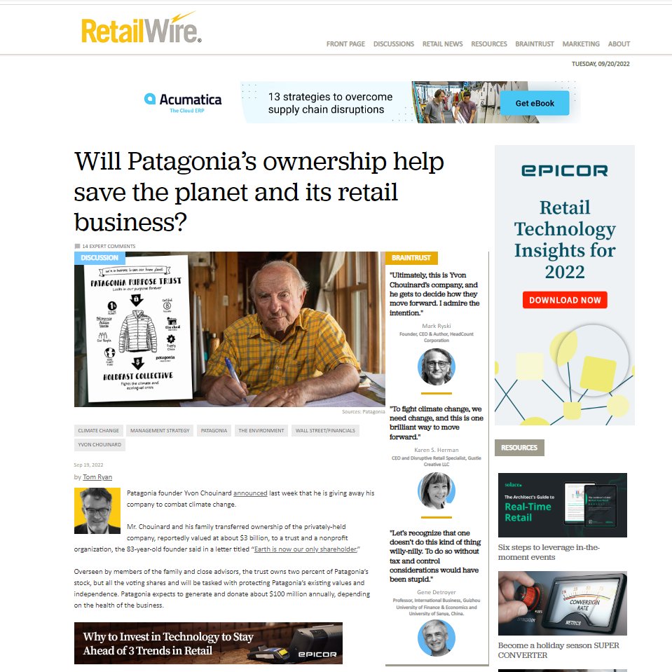 KarenHerman01's tweet image. "To fight climate change, we need change, and this is one brilliant way to move forward." I am happy to contribute to the Patagonia conversation on @RetailWire. #Patagonia #business #Retail 
retailwire.com/discussion/wil…