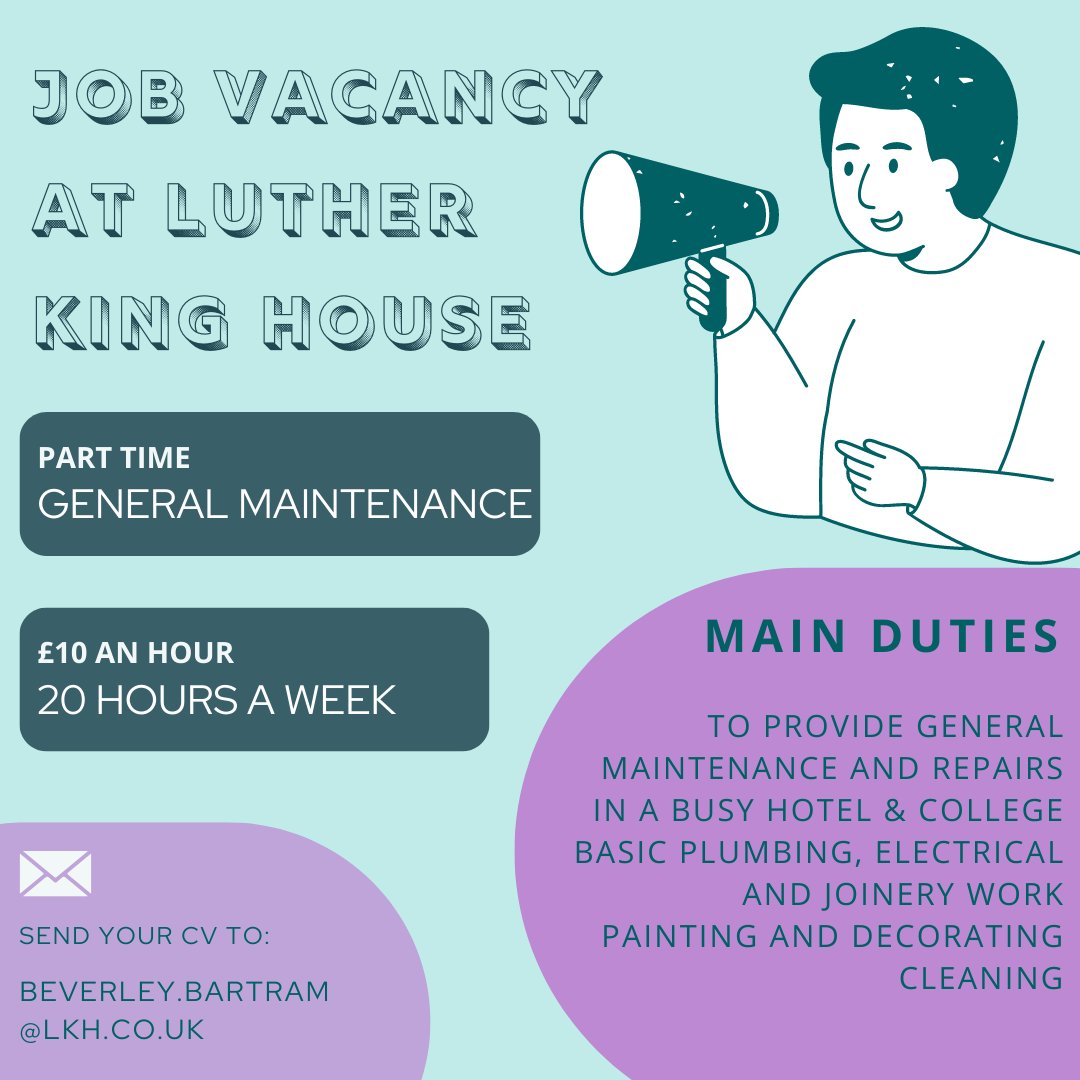Luther King Centre (@lkcmanchester) on Twitter photo Luther King House, our base in Manchester, is looking to fill a part time maintenance position. For the full job description and further details please contact beverly.bartram@lkh.co.uk Luther King House, our base in Manchester, is looking to fill a part time maintenance position. For the full job description and further details please contact beverly.bartram@lkh.co.uk