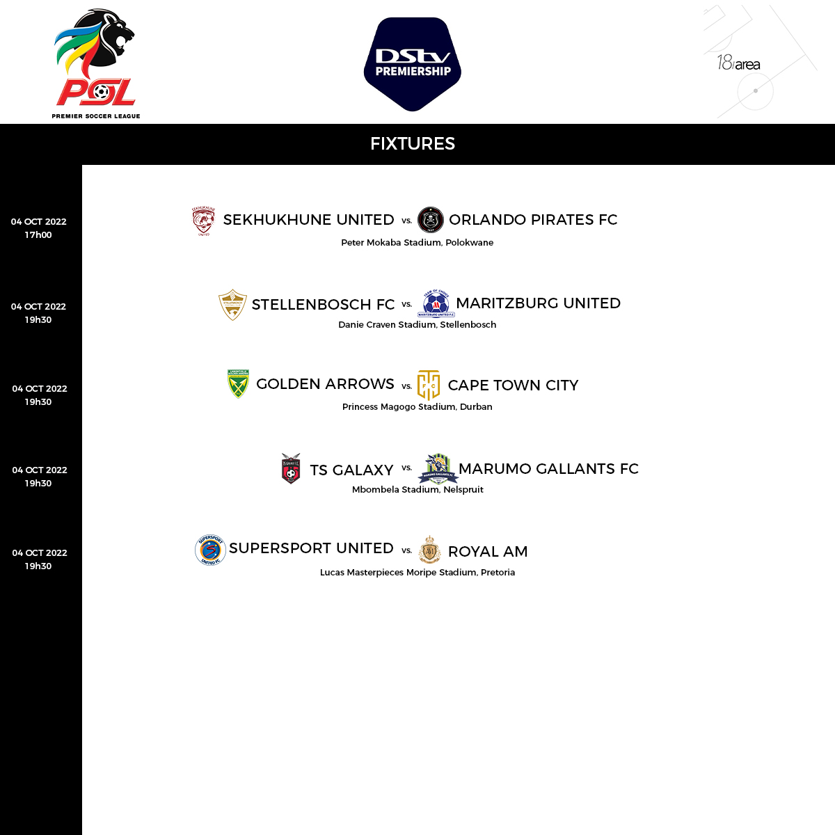 18Area1's tweet photo. These are the matches taking place in the next DSTV Premiership matchday! 

#18Area #DSTVPremiership https://t.co/cKJNP4IVUE