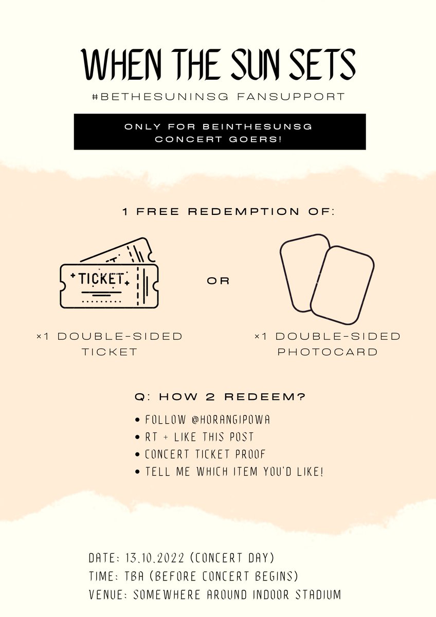 horangipowa's tweet photo. [ help rt! ]

When the Sun Sets 🌄
— SVT #BETHESUNinSG fansupport &amp; fanpack

How 2 Redeem?: (fcfs, free ticket OR pc)
🌻 rt + like
🌻 follow me!
🌻 STRICTLY no reselling / retrading

trades are welcome! DM if interested ~
fanpack po link: https://t.co/Bx0KIeyMYy

#BeTSinSG https://t.co/qiVFJjgTSB