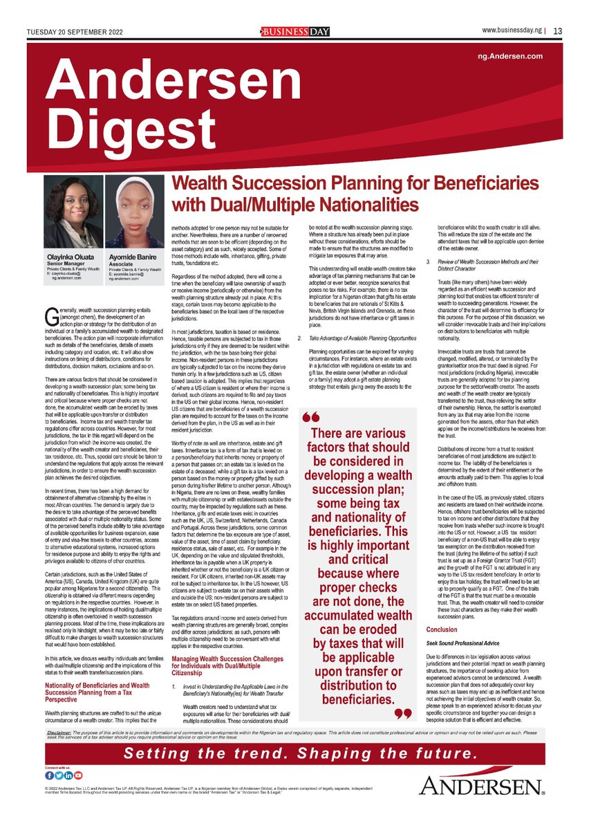 BusinessDayNg's tweet photo. Wealth Succession Planning for Beneficiaries with Dual/Multiple Nationalities
@AndersenNigeria
Read on page 13 of today's BusinessDay paper.
#wealth #wealthsuccession #tax #andersentax #andersennigeria https://t.co/lAOf4y33EI