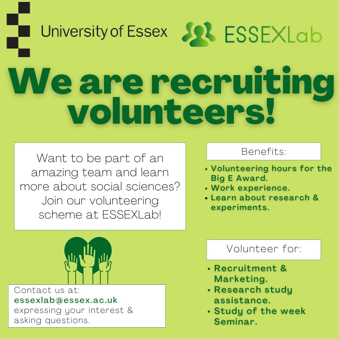ESSEXLab is recruiting volunteers for the upcoming academic year!! 🎉
We are re-opening our doors here at ESSEXLab and in the next few weeks, we will have many exciting events and opportunities planned. Email us at: essexlab@essex.ac.uk expressing your interest.