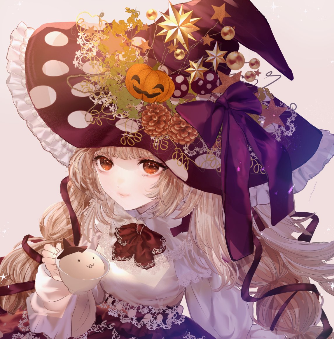 1girl solo witch hat hat long hair holding bow  illustration images