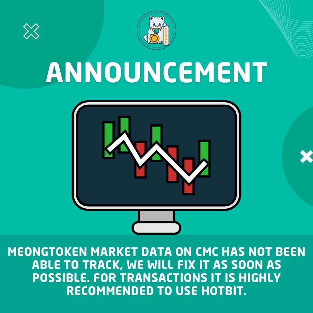 📢ANNOUNCEMENT📢

We are sorry that the trading chart on CoinMarketCap has not been able to be tracked. It is because Hotbit was closed previously and pair USDT to nUSD changed by Hotbit. Currently we are fixing the issue with Hotbit. 

#meong #bsc #binance #announcement #crypto