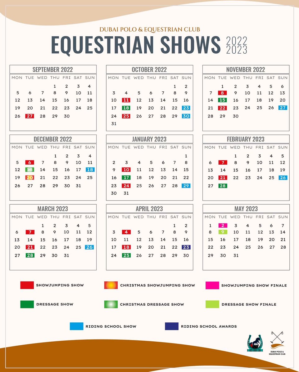 We invite you to experience the thrill of Showjumping, Dressage, and all covered disciplines with this exciting calendar!   Starting 27th Sept, our equestrian arena will be filled with the presence of Dubai's leading riders.   For more info: +971 4 362 7857 or +971 58 826 4203