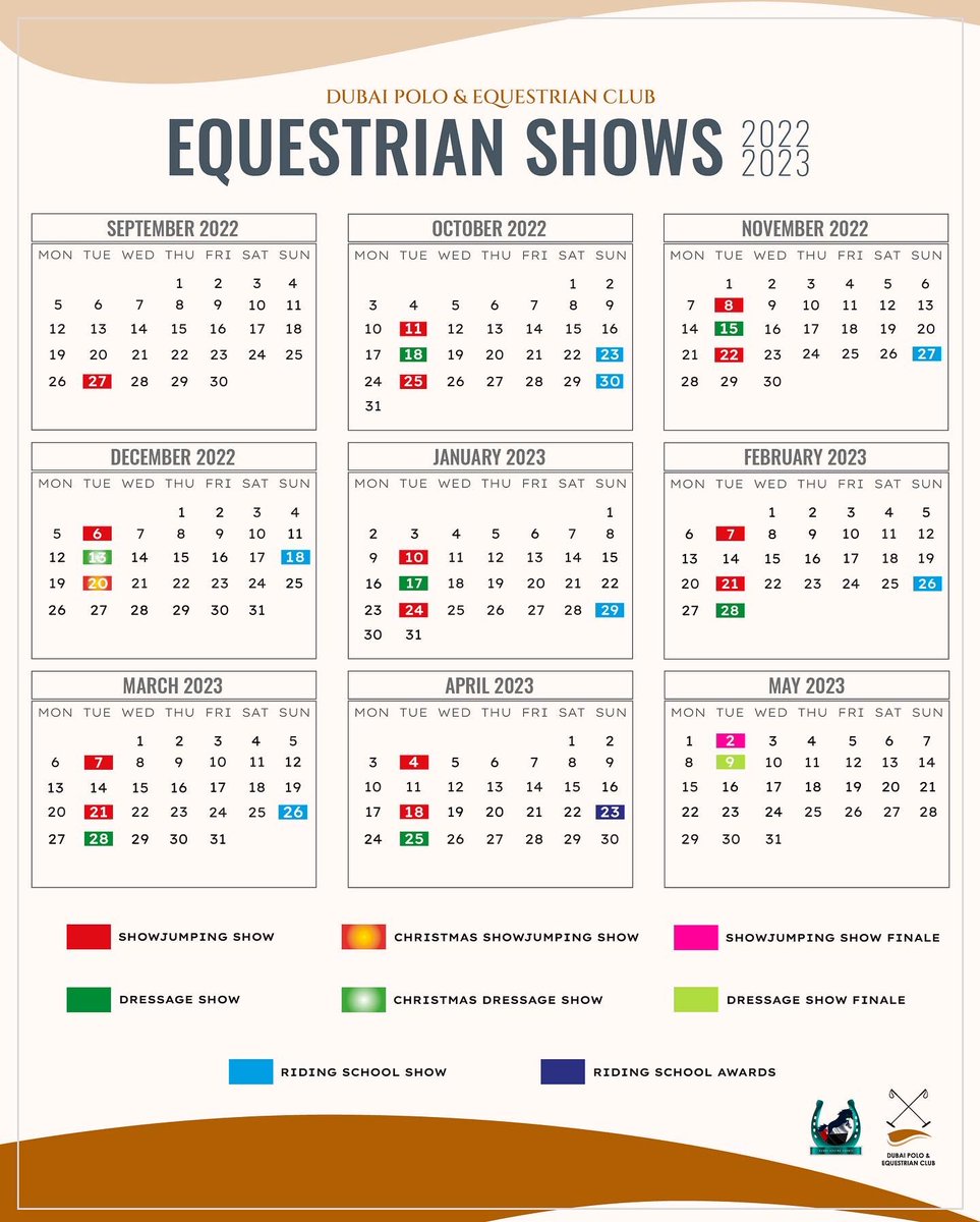 We invite you to experience the thrill of Showjumping, Dressage, and all covered disciplines with this exciting calendar!
 
Starting 27th Sept, our equestrian arena will be filled with the presence of Dubai's leading riders. 
 
For more info: +971 4 362 7857 or +971 58 826 4203