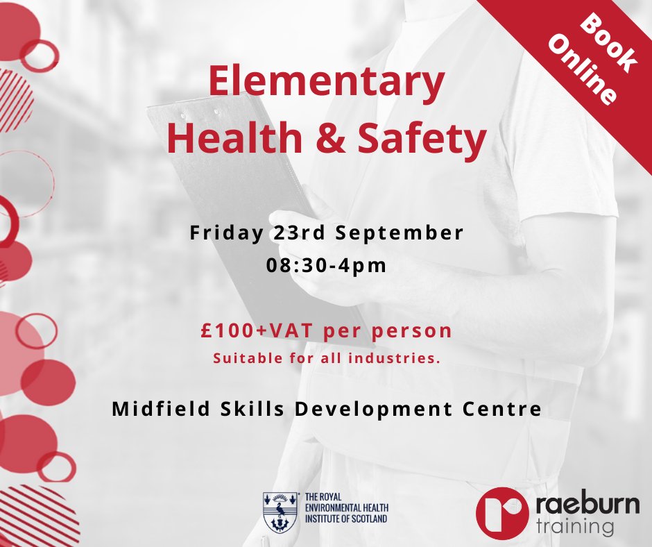 RaeburnTraining's tweet photo. 🌟 Last spaces remaining 🌟

Elementary Health &amp; Safety course covers all aspects of workplace health &amp; safety. Suitable for all industries, and an approved route to gaining your #CSCS card.

To book your space, email us at enquiries@raeburntraining.co.uk or call 01592 724797. https://t.co/CrxVaCiocb