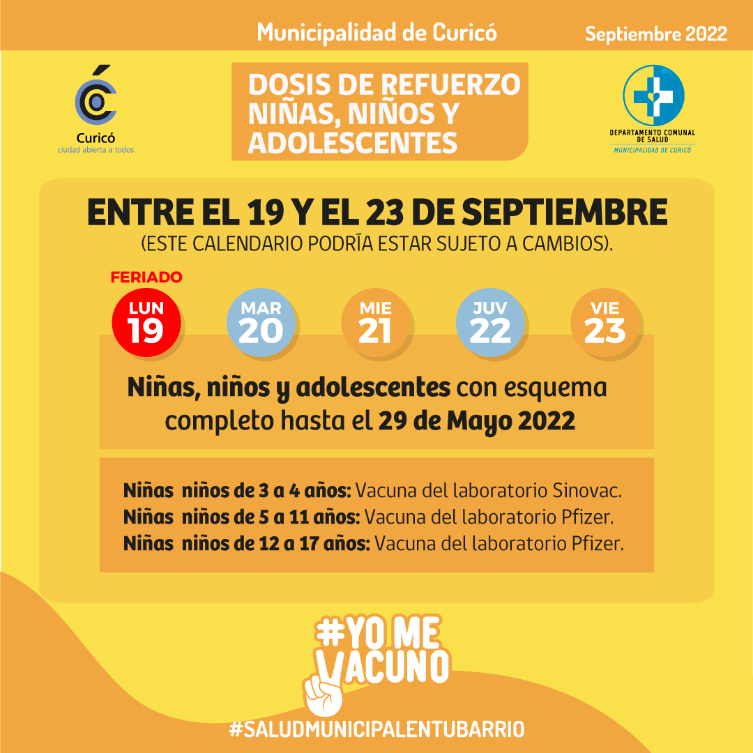 [VACUNACIÓN COVID-19]

Este martes se retoma la vacunación contra el Covid-19 en #Curicó   
Estos son los calendarios y lugares de vacunación. 

Revisa el detalle 👇

#SaludMunicipal
